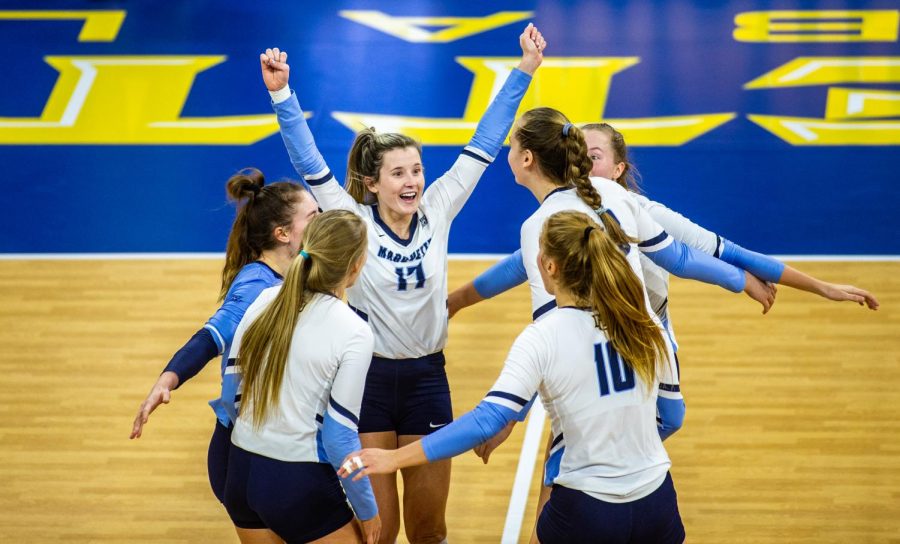 Marquette volleyball celebrates after a point in its 3-0 win over Georgetown Nov. 19. 