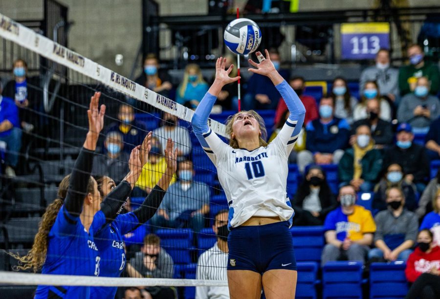 Taylor Wolf (10) sets up a pass in Marquette’s 1-3 loss to Creighton Oct. 29 at the Al McGuire Center.  
