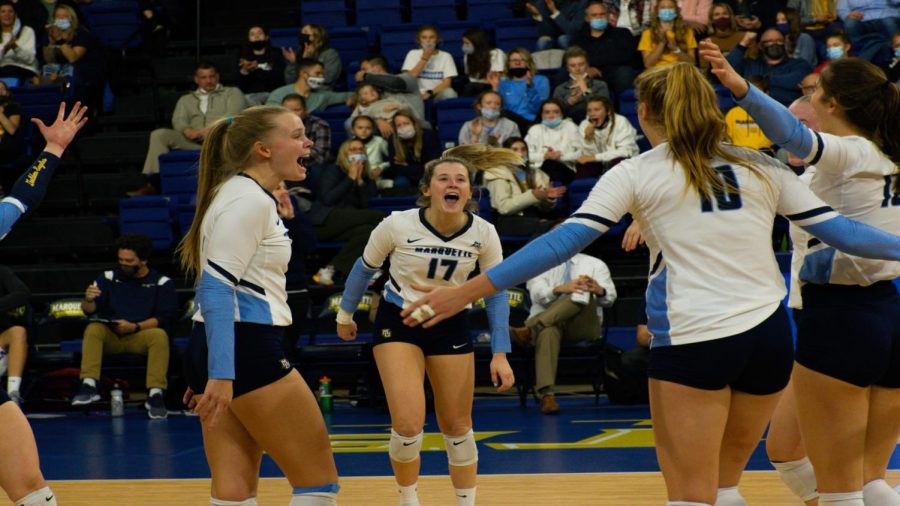 Marquette+volleyball+celebrates+during+its+3-0+win+over+Georgetown+Nov.+19.+