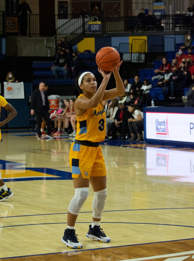 Redshirt first-year guard Rose Nkumu attempts a free-throw in Marquette womens basketballs 90-58 win over NJIT Nov. 12. 