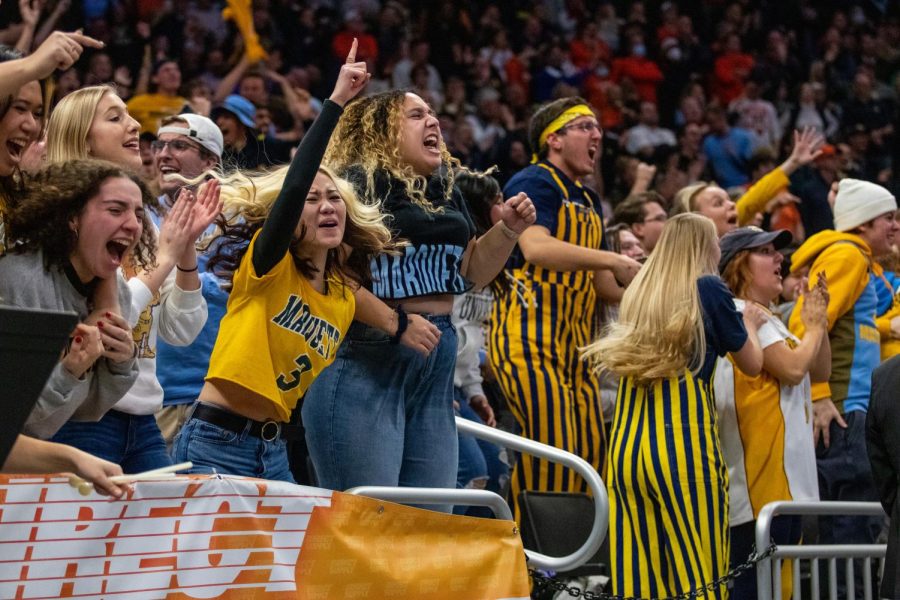 Marquette student section cheers during mens basketballs 67-66 upset win over No. 10 Illinois Nov. 15 at Fiserv Forum. 