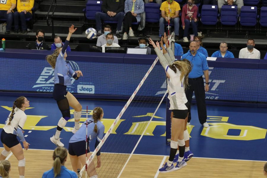Savannah Rennie goes up for a kill in Marquette volleyballs 3-0 loss to Creighton in the BIG EAST Championship game Nov. 27. 