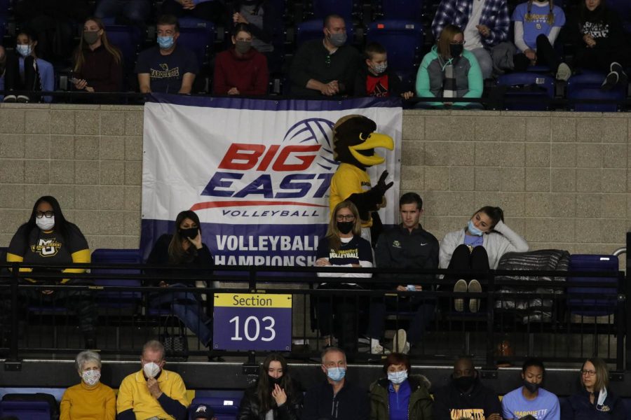 Iggy the Golden Eagle walks the concourse during the 2021 BIG EAST Volleyball Championship game Nov. 27. 