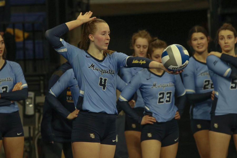 First-year Jenna Reitsma (4) gets ready for a serve in Marquette volleyballs 0-3 loss to Creighton in the BIG EAST Championship game Nov. 27. 