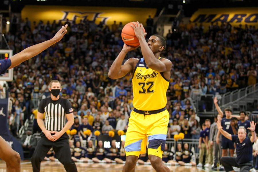 Graduate student Darryl Morsell attempts a shot in Marquettes 75-70 win over New Hampshire Nov. 12 at Fiserv Forum. 