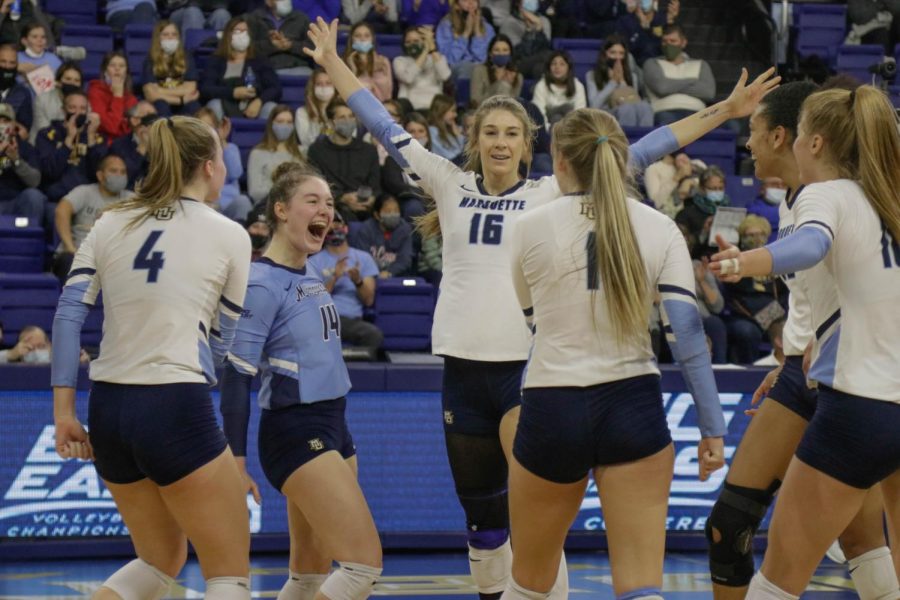 Marquette+womens+volleyball+celebrates+after+a+point+in+its+3-0+win+over+UConn+in+the+BIG+EAST+Tournament+semifinals+Nov.+26.+