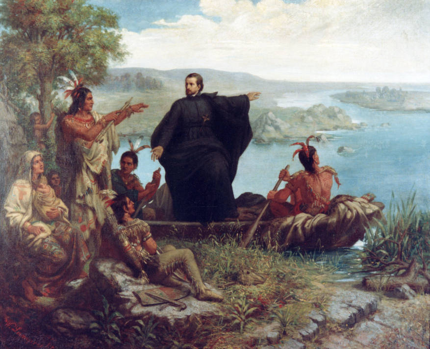 The original 1869 Willhelm Lamprecht painting depicts Father Pere Marquette and the Indigenous individuals who would have guided him on his journey form the Wisconsin River to the Mississippi River. Photo via Marquette University Special Collections and University Archives