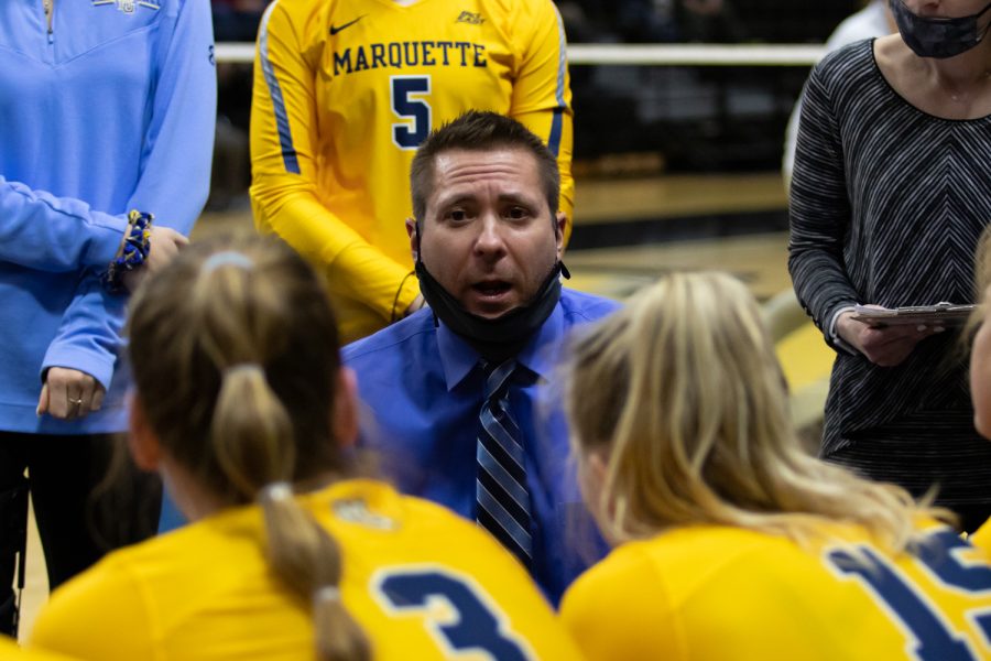 Marquette volleyball head coach Ryan Theis speaks to his team in 1-3 loss to Dayton in the First Round of the NCAA Tournament Dec. 2. 
