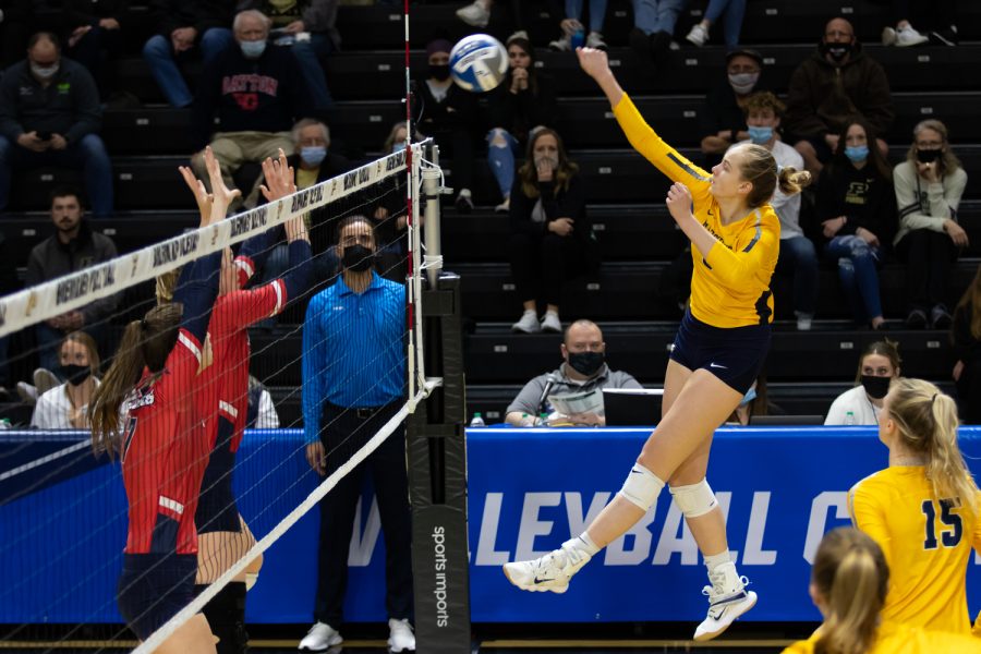 Anastasija Svetnik goes up for a kill in Marquettes 1-3 loss to Dayton in the First Round of the NCAA Tournament Dec. 2. 