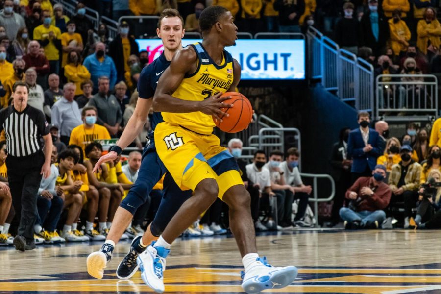 Graduate+student+Darryl+Morsell+%2832%29+finished+with+19+points+in+Marquette+mens+basketballs+75-64+win+over+No.+20+Xavier+Jan.+23.+