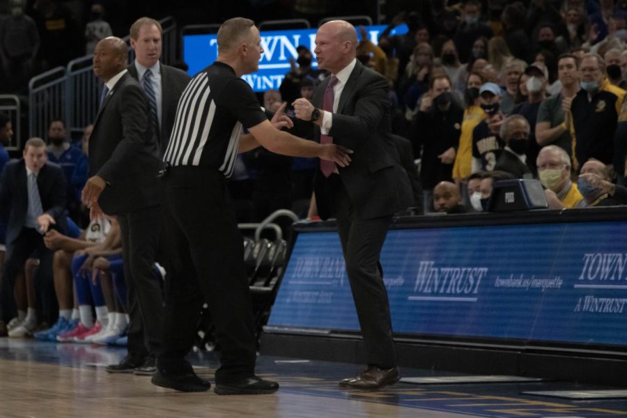 Seton Hall men's basketball head coach Kevin Willard arguing with an official in Marquette men's basketball's 73-72 win over the Pirates Jan. 15