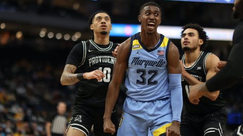 Graduate student Guard Darryl Morsell (32)after a basket in Marquette mens basketballs 88-56 win over No. 16 Providence Jan. 4. (Photo courtesy of Marquette Athletics)