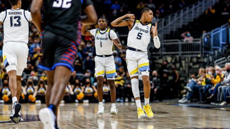 Redshirt junior guard Greg Elliott (5) finished with a career-high 25 points in Marquette mens basketballs 89-76 win over DePaul Jan. 11. (Photo courtesy of Marquette Athletics.)