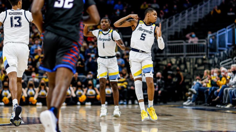 Redshirt+junior+guard+Greg+Elliott+%285%29+finished+with+a+career-high+25+points+in+Marquette+mens+basketballs+89-76+win+over+DePaul+Jan.+11.+%28Photo+courtesy+of+Marquette+Athletics.%29