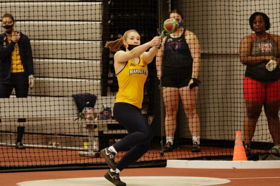 Junior Mia Ketelthon partaking in the hammer throw event at the Blue Demon Holiday Invite. (Photo courtesy of Marquette Athletics.)