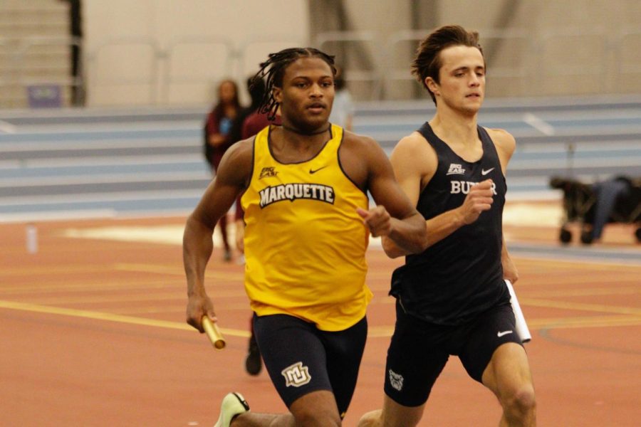First-year sprint K.T. Thomas participating at the Blue Demons Holiday Invite Dec. 10. (Photo courtesy of Marquette Athletics.)