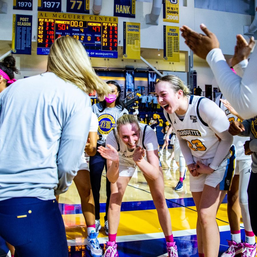 Marquette womens basketball celebrates after its come from behind 50-47 victory over Creighton Feb. 6. 