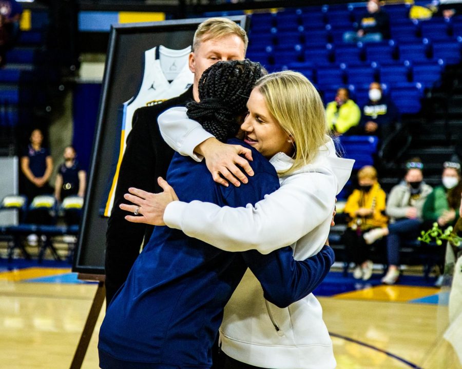 Antwainette Walker and Head Coach Megan Duffy hugging during Marquette womens basketball senior day ceremony prior to its 79-75 win over St. Johns Feb. 27.