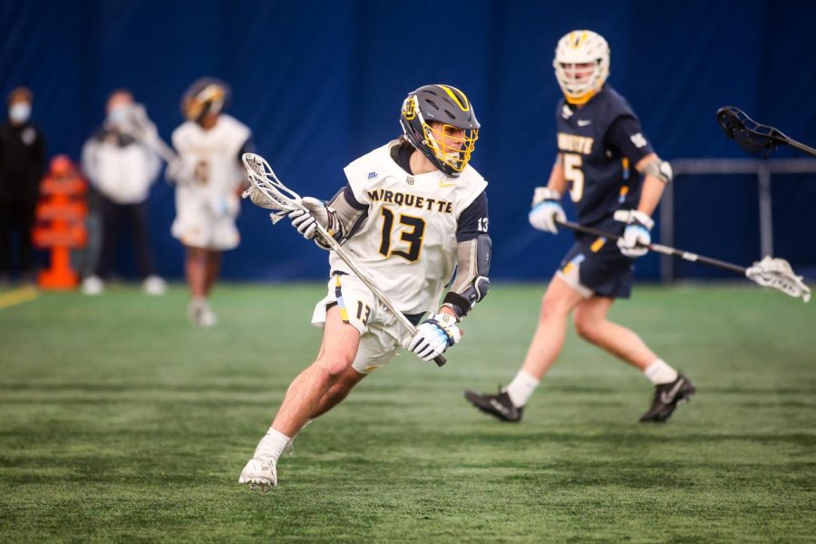 First-year attack Bobby OGrady in Marquettes Blue and Gold Scrimmage Feb. 1. (Photo courtesy of Marquette Athletics.)
