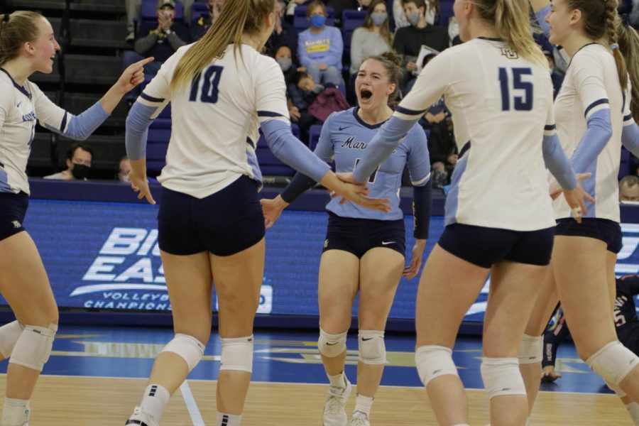 Marquette volleyball team celebrates during its win over UConn in the BIG EAST Tournament Semifinals Nov. 26. 