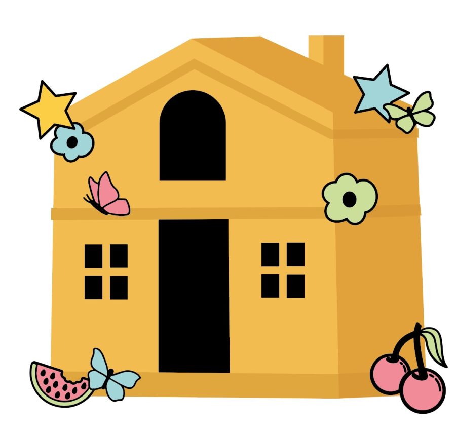 A house adorned with flowers, fruit and butterflies.