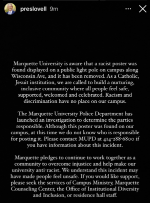 Marquette University President Michael Lovell posted an acknowledgement of the poster on his Instagram story.