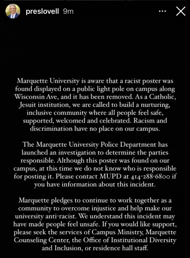 Marquette+University+President+Michael+Lovell+posted+an+acknowledgement+of+the+poster+on+his+Instagram+story.