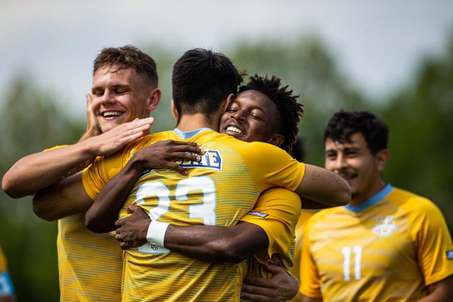 Marquette mens soccer celebrates after a goal in its 6-1 win over Utah Tech Aug. 28. (Photo courtesy of Marquette Athletics.)