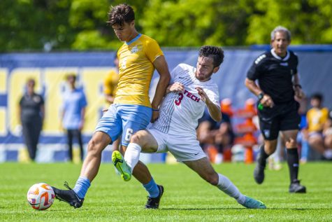 Mitrovic (6) looking to keep possession of the ball in Marquette mens soccers 6-1 win over Utah Tech Aug. 28. (Photo courtesy of Marquette Athletics.)