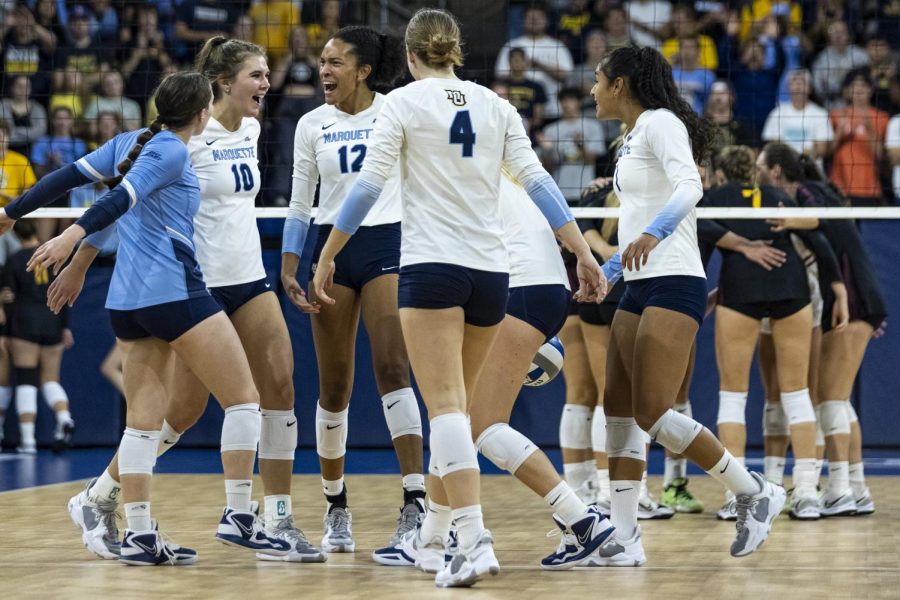 Marquette volleyball in its 3-1 win over Loyola Chicago Sept. 6 at the Al McGuire Center. (Photo courtesy of Marquette Athletics.)
