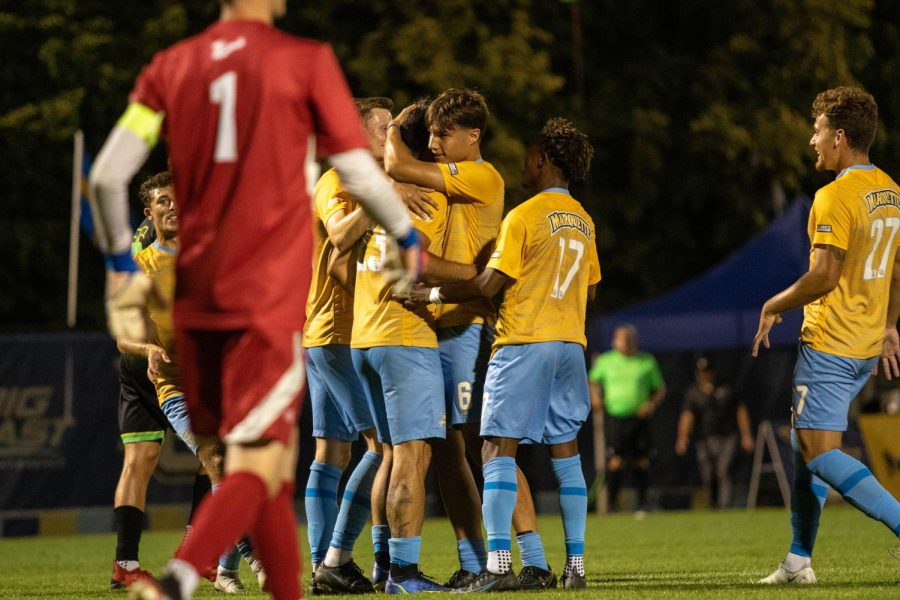 Marquette mens soccer celebrates after Zyan Andrades penalty kick goal in its 1-0 win over the University of South Florida Sept. 2 at Valley Fields.