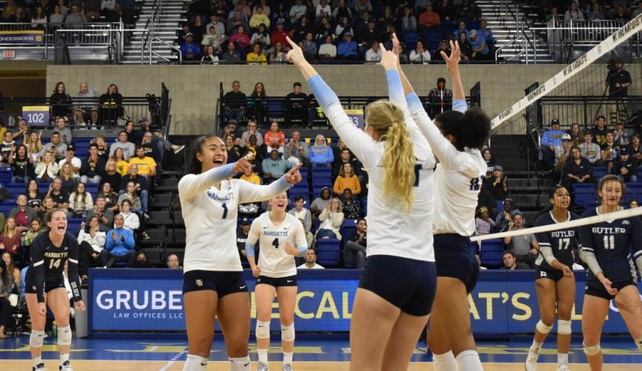 No. 19 Marquette celebrates after a kill in its 3-1 win over Butler Sept. 24 at the Al McGuire Center. 