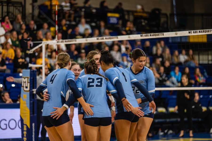 Marquette volleyball in its 3-0 win over the University of Wisconsin-Milwaukee Sept. 11. 