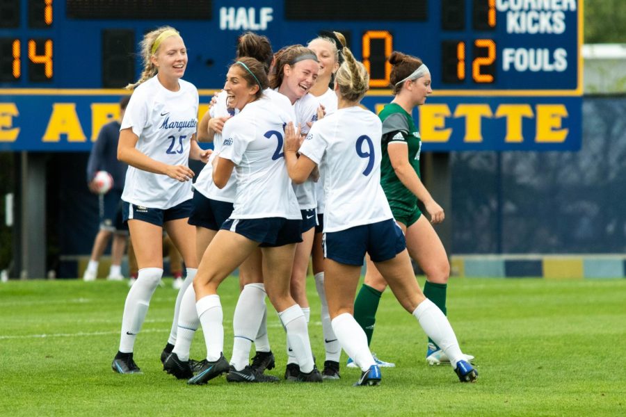 Marquette womens soccer celebrates after a goal in its 5-0 win over the University of Wisconsin-Green Bay Sept. 4 at Valley Fields. 
