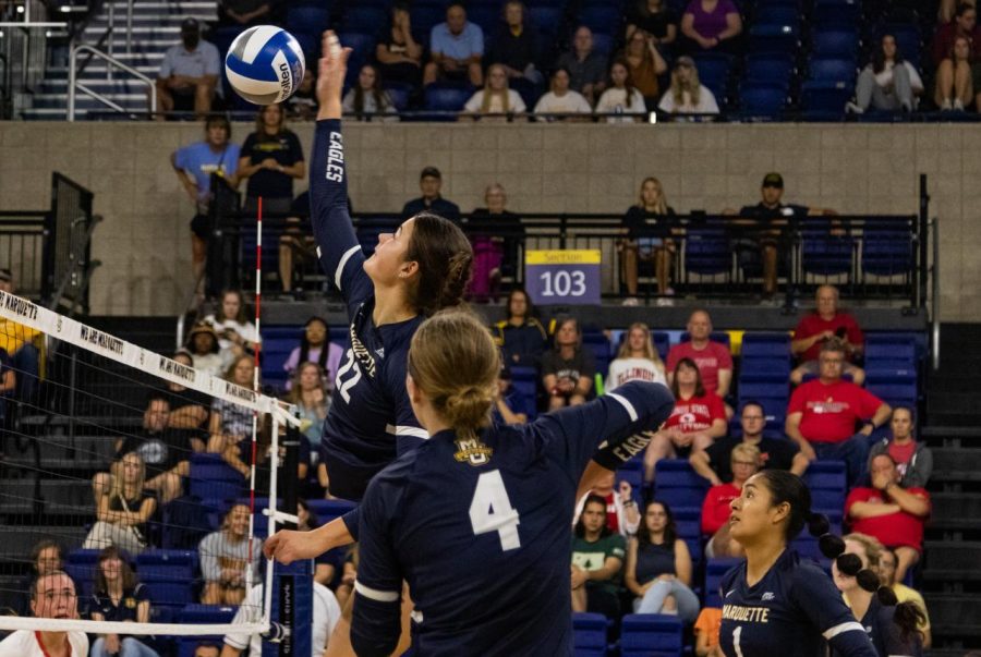 Hattie Bray goes up for a kill in Marquettes 3-0 win over Illinois State Sept. 18 at the Al McGuire Center. 