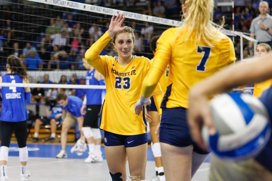 After+just+seeing+action+in+23+sets+last+season%2C+Samantha+Naber+has+worked+herself+into+the+starting+lineup+for+the+No.+18+ranked+Marquette+volleyball+team.+%28Photo+courtesy+of+Marquette+Athletics.%29