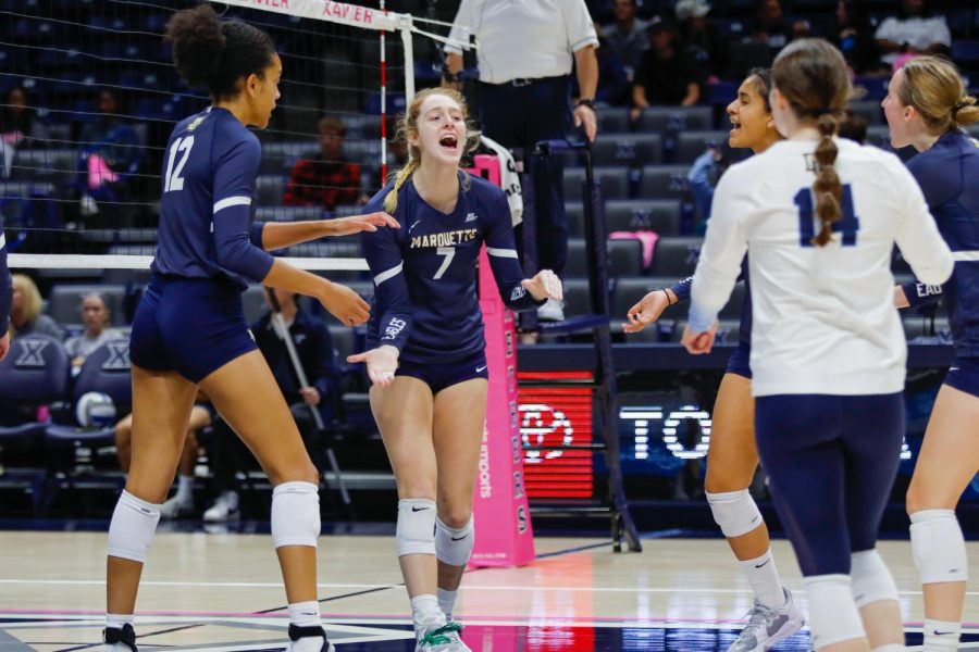 Ella Foti (7) celebrates after a point in Marquette volleyballs 3-0 win over Xavier at the Cintas Center. (Photo courtesy of Marquette Athletics.)