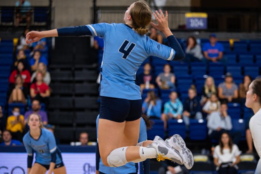 Jenna+Reitsma+goes+up+for+a+kill+in+Marquette+volleyballs+win+over+DePaul+Sept.+21.+
