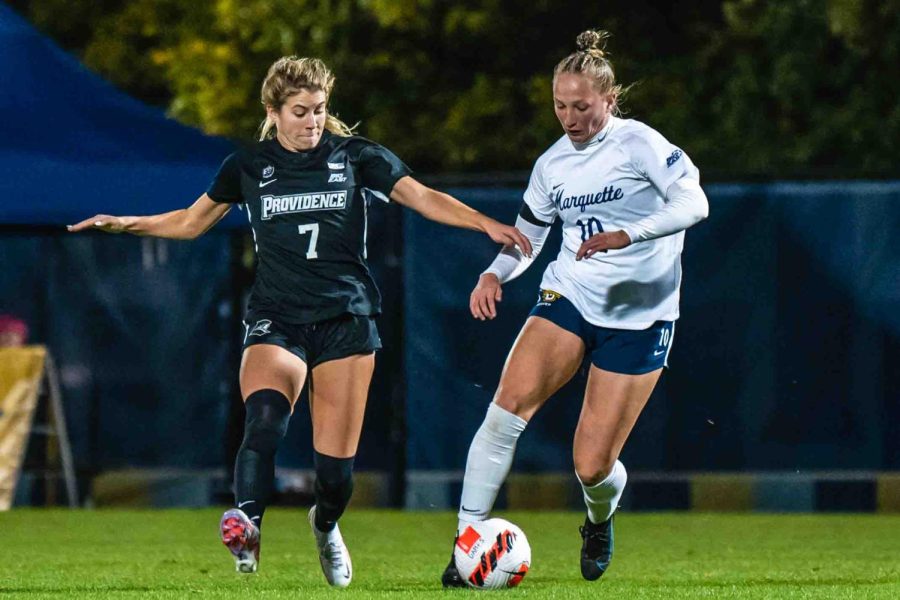 Sophomore forward Kate Gibson (10) scored one of two goals in Marquette womens soccers 2-2 draw against Providence Oct. 13 at Valley Fields. 