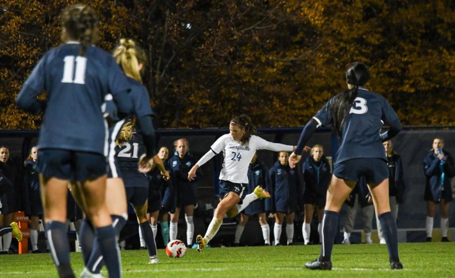 Senior midfielder Katrina Wetherell takes a shot on net in Marquette womens soccers 1-1 draw to No. 24 Xavier Oct. 27. 