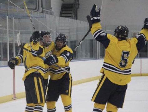 Marquette Club Hockey team celebrates after a goal in one of its games. (Photo courtesy of Marquette Club Hockey.) 