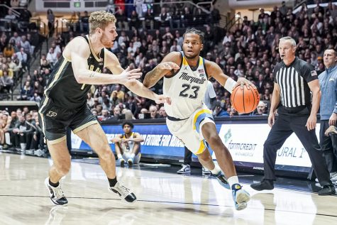 Sophomore forward David Joplin (23) lead all Marquette scorers with 23 points in mens basketballs 75-70 loss to Purdue in the Gavitt Games Nov. 15. (Photo courtesy of Marquette Athletics.)