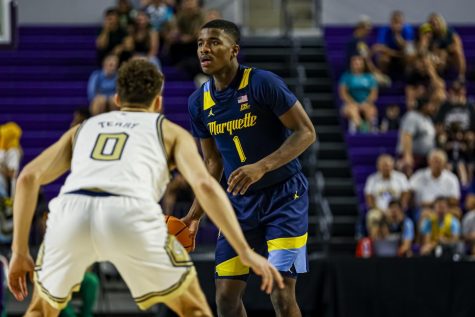 Sophomore guard Kam Jones (1) finished with a game-high 19 points in Marquette mens basketballs 84-60 win over Georgia Tech at the Rocket Mortgage Ft. Myers Tip-Off Classic Nov. 23. (Photo courtesy of Marquette Athletics.)