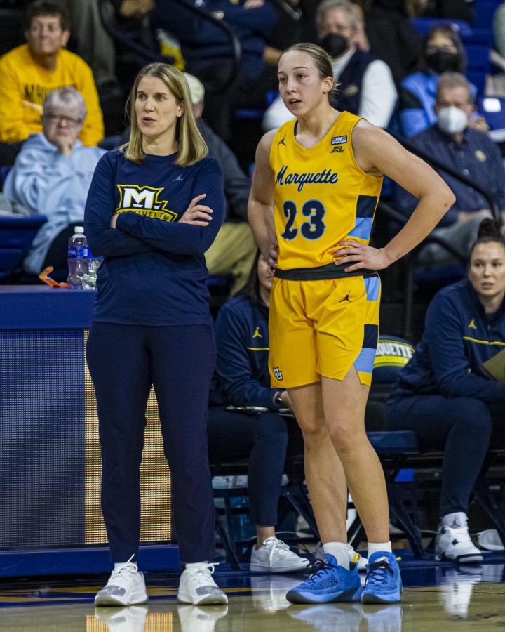 Marquette+womens+basketball+head+coach+Megan+Duffy+%28left%29+and+senior+guard+Jordan+King+%2823%29+will+compete+in+their+100th+career+game+at+Marquette+Friday+afternoon+at+Georgetown.+%28Photo+courtesy+of+Marquette+Athletics.%29