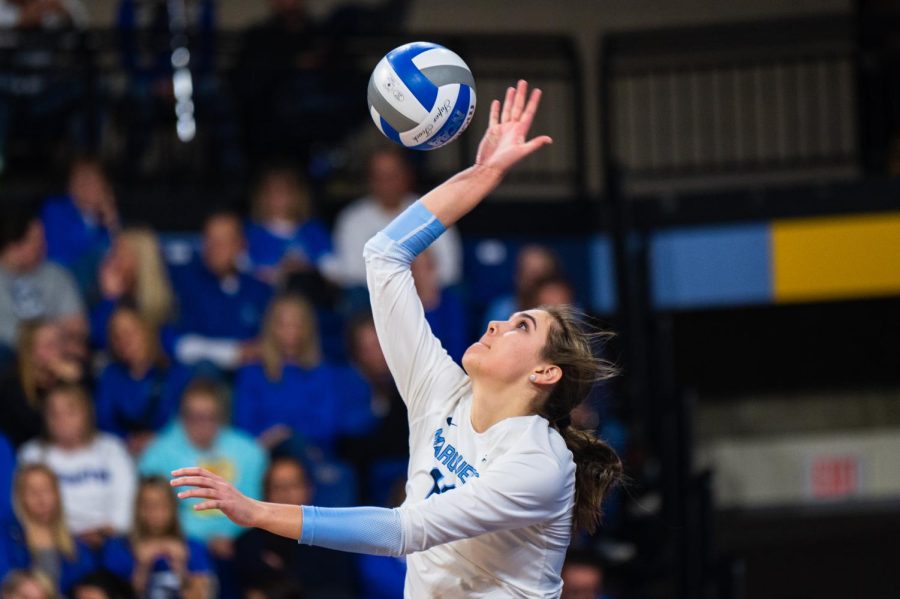 Junior outside hitter Aubrey Hamilton gets ready for a serve in Marquette volleyballs 3-0 win over Creighton Nov. 19 at the Al McGuire Center. 