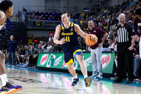 Tyler Kolek scored 16 points in Marquette mens basketballs loss to Mississippi State Nov. 21 at the Rocket Mortgage Tip-Off Games. (Photo courtesy of Marquette Athletics.)