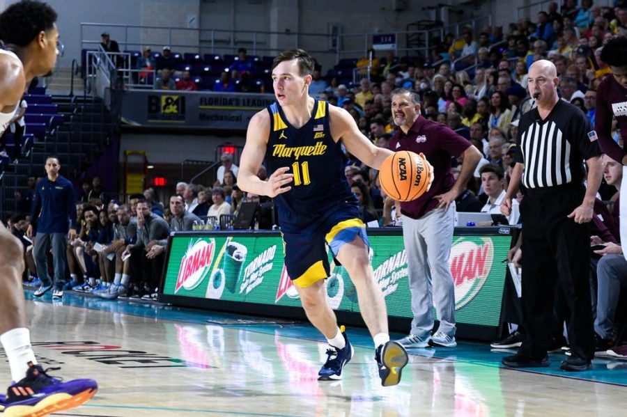 Tyler+Kolek+scored+16+points+in+Marquette+mens+basketballs+loss+to+Mississippi+State+Nov.+21+at+the+Rocket+Mortgage+Tip-Off+Games.+%28Photo+courtesy+of+Marquette+Athletics.%29