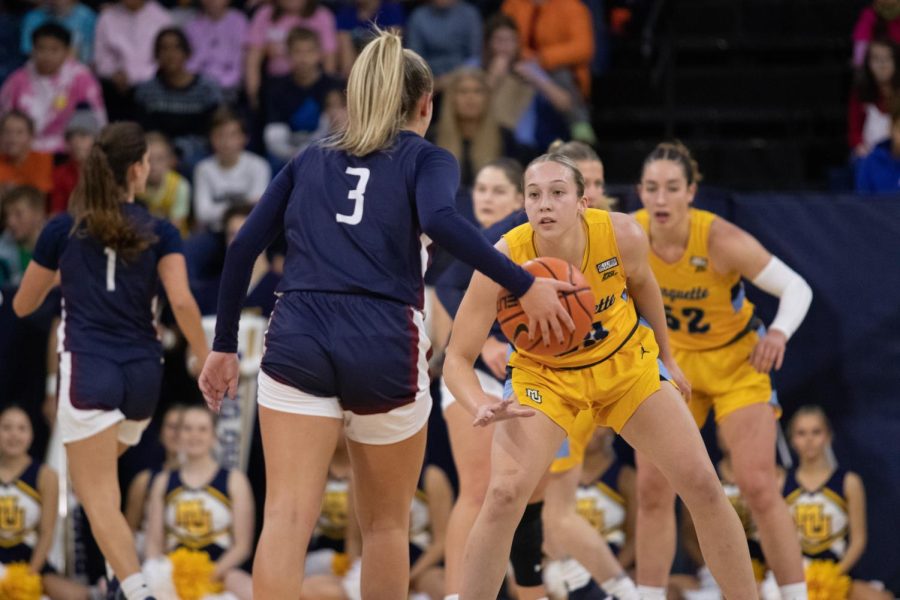 Senior guard Jordan King (23) finished with a career-high 24 points in Marquette womens basketballs 75-47 win over Fairleigh Dickinson Nov. 7 at the Al McGuire Center. 