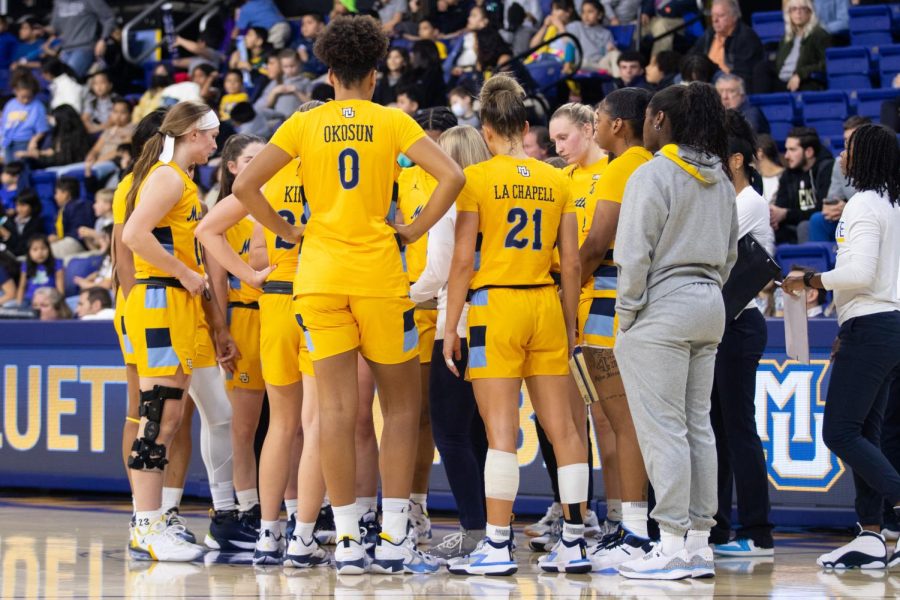 Marquette womens basketball during a huddle in its season opener win against Fairleigh Dickinson Nov. 7 at the Al McGuire Center.