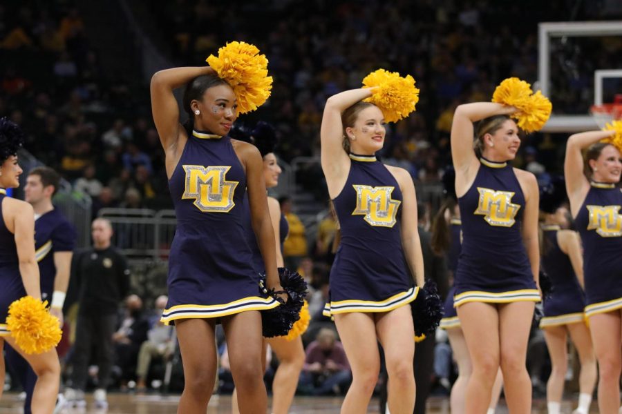 The Marquette University dance team performs during halftime at a mens basketball game last season at Fiserv Forum.